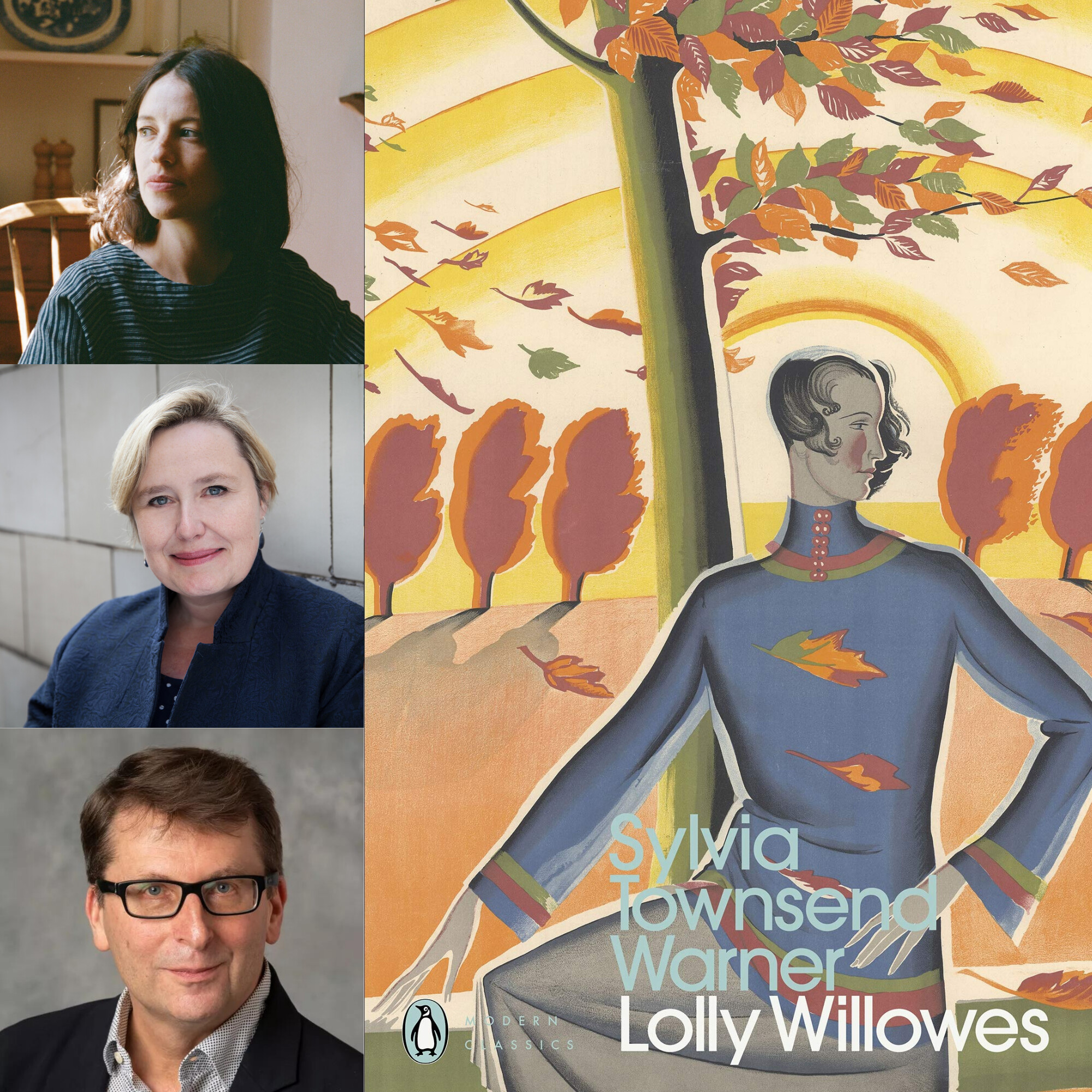 Book cover of Lolly Willowes with headshots of Harriet Baker, Alex Clark and Peter Swaab